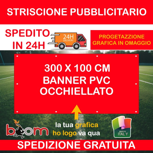 STRISCIONE PUBBLICITARIO PERSONALIZZATO 300 X 100 CM PROGETTAZIONE GRAFICA & SPEDIZ. GRATIS