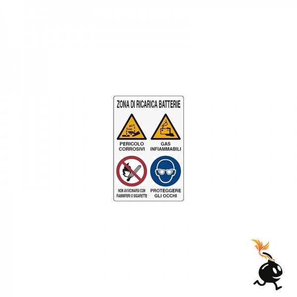 00263 - CARTELLO SEGNALETICO - ZONA DI RICARICA BATTERIE PERICOLO CORROSIVI GAS INFIAMMA