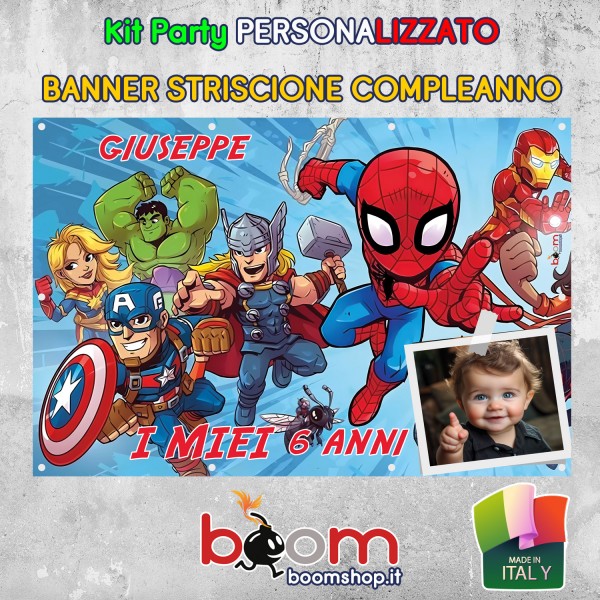 STRISCIONE BANNER COMPLEANNO - AVENGERS PICCOLI - PERSONALIZZATO - BANNER POLIESTERE 550 GR + OCCHIELLI