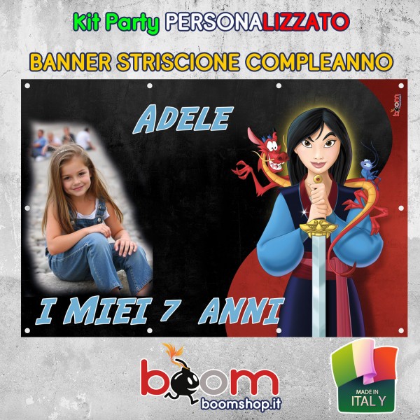 STRISCIONE BANNER COMPLEANNO - MULAN - PERSONALIZZATO - BANNER POLIESTERE 550 GR + OCCHIELLI