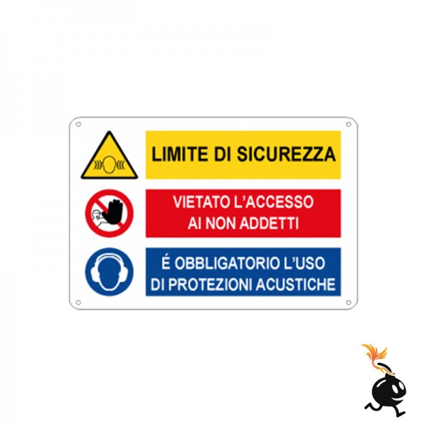 00954 - CARTELLO SEGNALETICO - LIMITE DI SICUREZZA VIETATO ACCESSO E OBBLIGATORIO USO DI PROTEZIONE ACUSTICHE